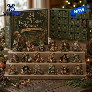 Front view of Forest Cottage Witches Advent Calendar with boxes and twenty-four miniature figures.