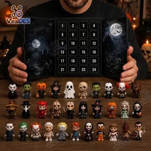 Front view of Horror Mystery Figures Advent Calendar with open numbered doors and displayed figurines.