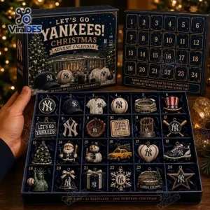 Open New York Yankees Christmas Advent Calendar revealing 24 numbered compartments with small collectible metal ornaments inside.