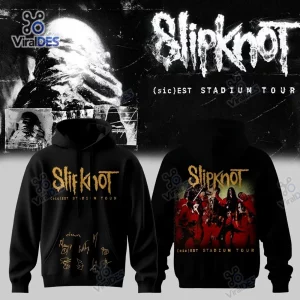 Front and back views of a black hoodie featuring Slipknot graphics, text, and signatures.