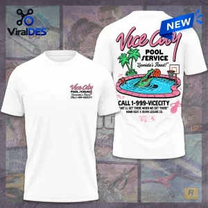 Front and back view of a white shirt featuring Vice City Pool Service graphics.