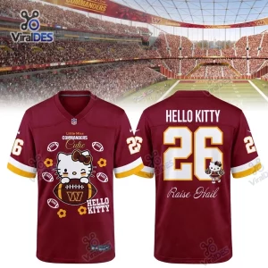 Front and back view of a burgundy Washington Commanders Hello Kitty football jersey set against a stadium background.