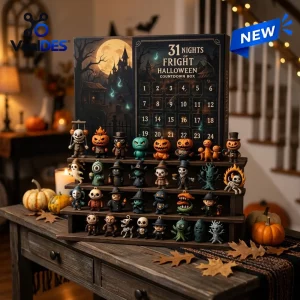 Front view of a Halloween Countdown Advent Calendar with numbered grid and miniature spooky figures on shelves.