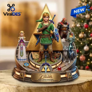Front view of The Legend of Zelda 40th Anniversary Diorama Figure featuring multiple characters and a gold plaque.