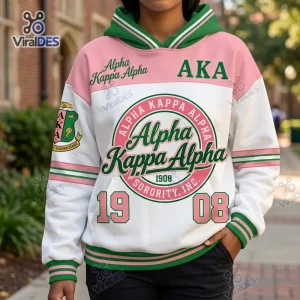 Front view of an Alpha Kappa Alpha Sorority Hoodie in white with pink and green accents and 1908 text.