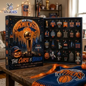 Open New York Knicks 2026 Championship Advent Calendar with 24 numbered compartments on a wooden table.