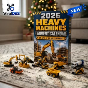Front view of a construction vehicles advent calendar box with miniature toy trucks and excavators on a rug.