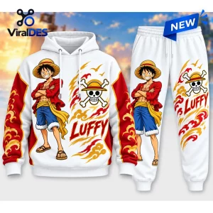 Front view of One Piece Luffy anime hoodie and matching pants set in white with red accents.