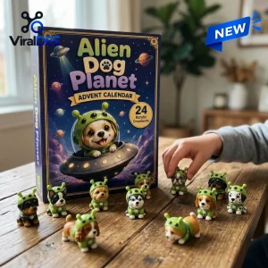 Front view of an Alien Dog Planet Advent Calendar with miniature figurines arranged on a wooden table.