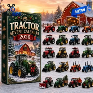 Front view of the Tractor Advent Calendar 2026 box displaying toy tractors in snow.