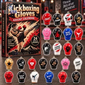 Front view of a Kickboxing Gloves Acrylic Christmas Advent Calendar box with twenty-four miniature ornaments.