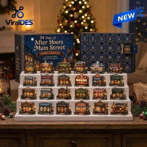 Front view of the After Hours Main Street Advent Calendar with miniature lighted shops displayed on tiers.