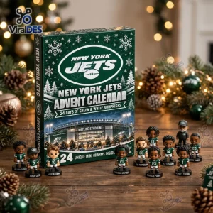 Front view of New York Jets NFL Advent Calendar box surrounded by small football player figurines on a wooden table.