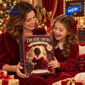 Mother and daughter holding Theatre Lovers 2026 Advent Calendar in a holiday setting.