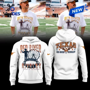 Front and back view of the Texas Longhorns Red River Rivalry White Hoodie featuring stadium graphics.
