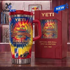 Front view of the Red Bull 45th Anniversary YETI Handle Tumbler featuring a tie-dye flame design.