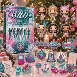 Front view of the KATSEYE World Tour WILD 2026 Advent Calendar surrounded by themed hanging ornaments.