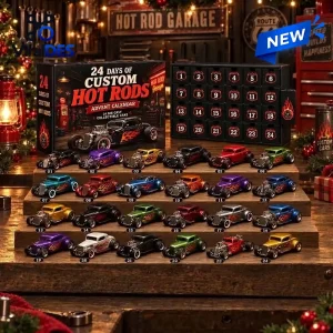 Front view of 24 Days Of Custom Hot Rods Advent Calendar with numbered box and toy cars displayed.