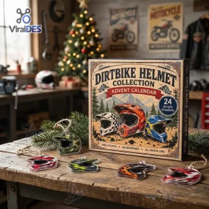 Dirt Bike Helmet Christmas Advent Calendar 2026 box with miniature acrylic helmet ornaments on a wooden table.