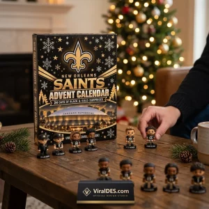 Front view of New Orleans Saints Figurine Advent Calendar box with small football figurines displayed on a wooden table.