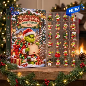 Front view of Grinch Christmas Advent Calendar 2026 with box and plastic tray holding 24 figurines.