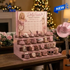 Front view of a pink holiday calendar featuring miniature figures and numbered compartments.