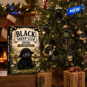 Black Sheep Club 2026 Advent Calendar box next to a decorated Christmas tree with black sheep ornaments.