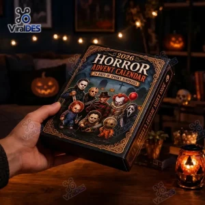 Hand holding a horror movie advent calendar 2026 box featuring illustrated classic movie villains against a graveyard.