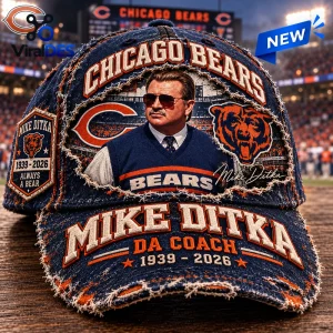 Front view of Chicago Bears Mike Ditka DA Coach 1936-2026 Denim Baseball Cap with distressed texture and patches.