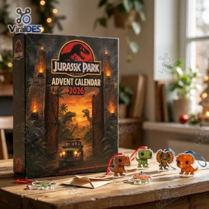 Front view of Jurassic Park 2026 Dinosaur Advent Calendar box with acrylic character charms on table.