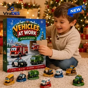 A young boy opening a window on the Working Vehicles Advent Calendar in a festive room.