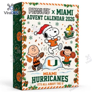 Angled view of the Peanuts x Miami Hurricanes 2026 Advent Calendar box featuring Snoopy and team graphics.