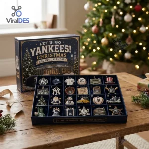 Front view of a New York Yankees Christmas Advent Calendar filled with twenty-four numbered compartments on a wooden table.