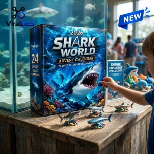Child opening a window on the 2026 Shark World Advent Calendar box placed on a wooden table with miniature shark figures.