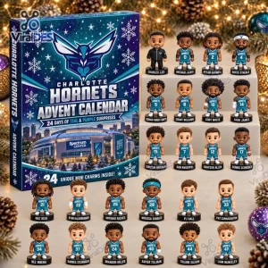Front view of Charlotte Hornets 2026 Advent Calendar box alongside twenty-four mini figurines.