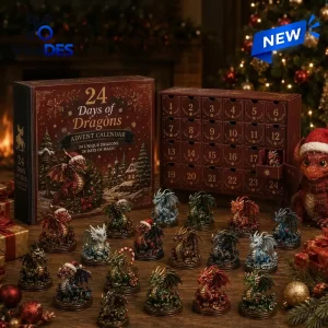 Front view of the 24 Days of Dragons Advent Calendar with numbered boxes and assorted miniature dragon figurines.