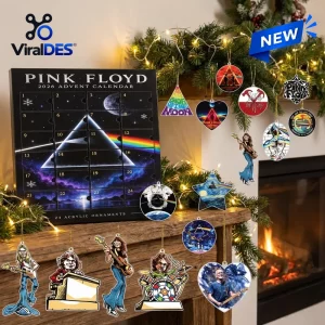 Front view of Pink Floyd 2026 Christmas Advent Calendar with 24 numbered doors and acrylic ornaments on a mantel.
