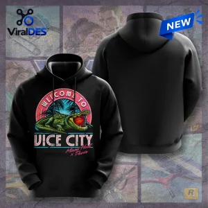 Front and back views of a black Grand Theft Auto VI x Miami Heat hoodie featuring a Vice City alligator graphic.