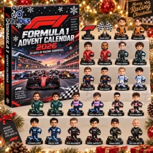 Front view of Formula One 2026 Advent Calendar box alongside twenty four driver figurines.