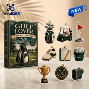 Front view of a green Golf Lover Advent Calendar box alongside nine hanging golf-themed acrylic ornaments.