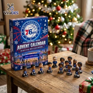 Front view of Philadelphia 76ers Basketball Advent Calendar 2026 with miniature figurines on a wooden table.