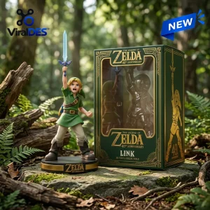 Front view of The Legend of Zelda 40th Anniversary Link Vinyl Figure next to its box outdoors.
