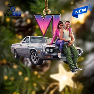 Closeup of a Grand Theft Auto VI Car Christmas Ornament featuring a couple and silver car.