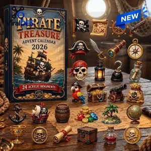 Front view of Pirate Treasure 2026 Advent Calendar box alongside twenty-four miniature pirate themed acrylic ornaments.