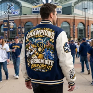 Rear view of the Milwaukee Brewers 2026 World Series Baseball Jacket with embroidered graphics.