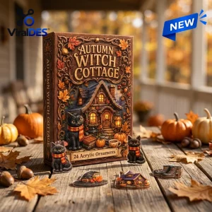 Front view of an Autumn Witch Cottage Advent Calendar box with acrylic ornaments on a wooden porch.