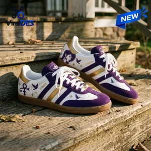 Side view of Adidas Prince Purple Rain Samba Shoes resting on wooden steps outdoors.