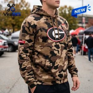 Front view of Georgia Bulldogs 2026 Military Appreciation Camo Hoodie with US flag sleeve patch.