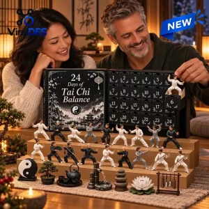 Couple opening the 24 Days Of Tai Chi Balance Advent Calendar featuring miniature figures.