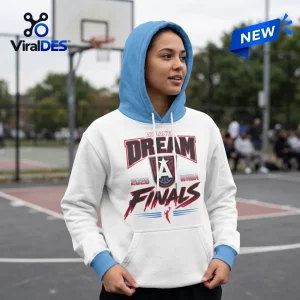 Front view of a person wearing an Atlanta Dream 2026 WNBA Finals white hoodie with a blue hood and cuffs.